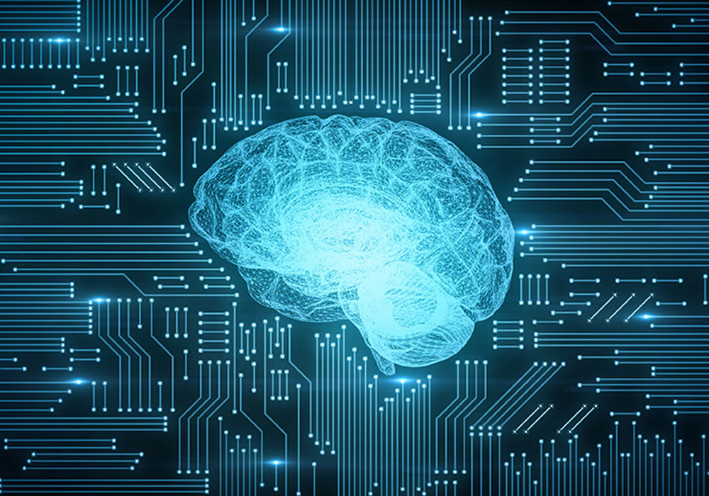Blue digital computer brain on circuit board